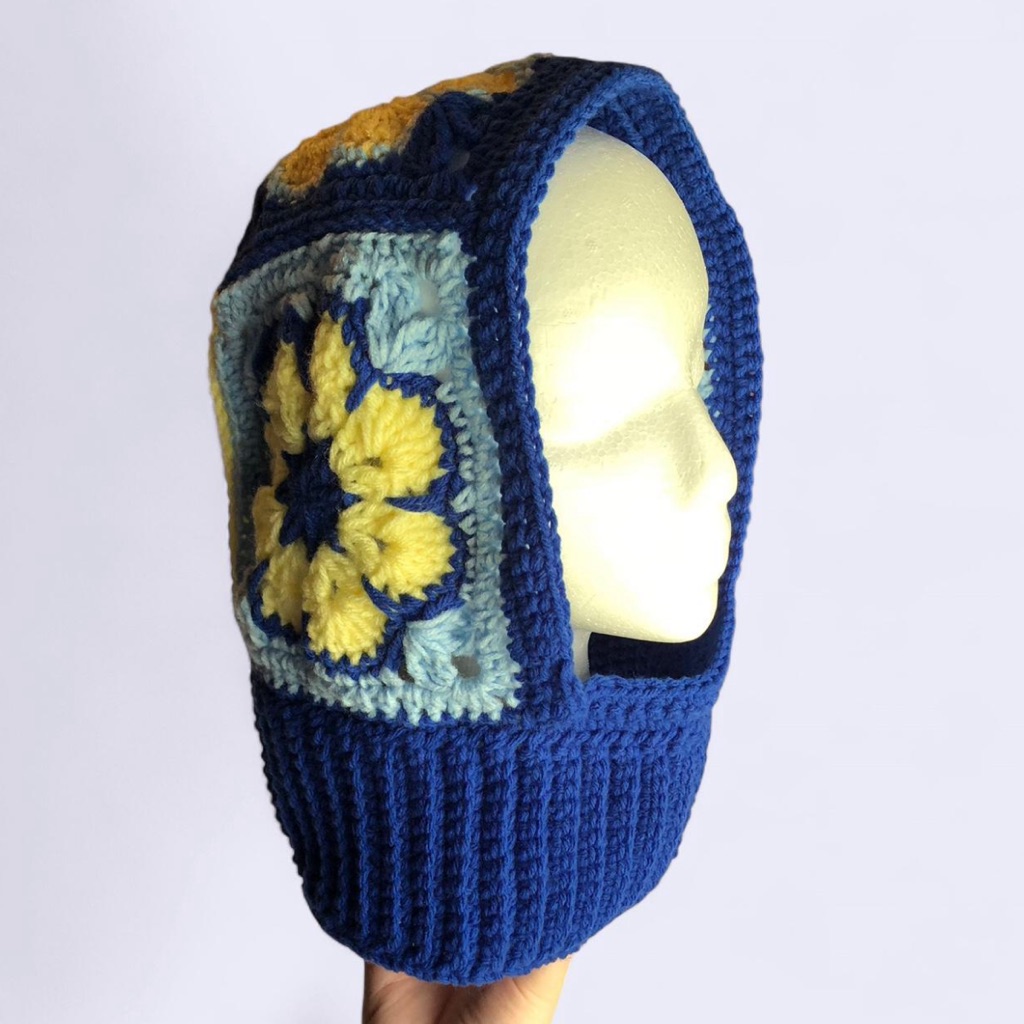 Crochet Blue And Yellow African Flower Granny Square Balaclava Handmade